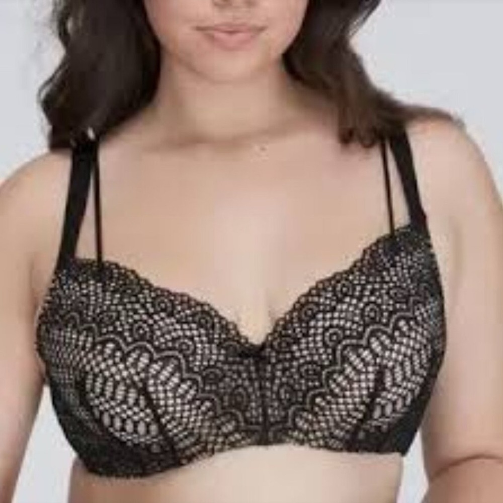 Cacique Modern‎ Linear Lace Balconette Black Underwire Bra Size 44D